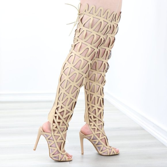Shoe Republica Shoes - Women Faux Leather Nude Gladiator Stiletto Thigh High Heeled Boot
